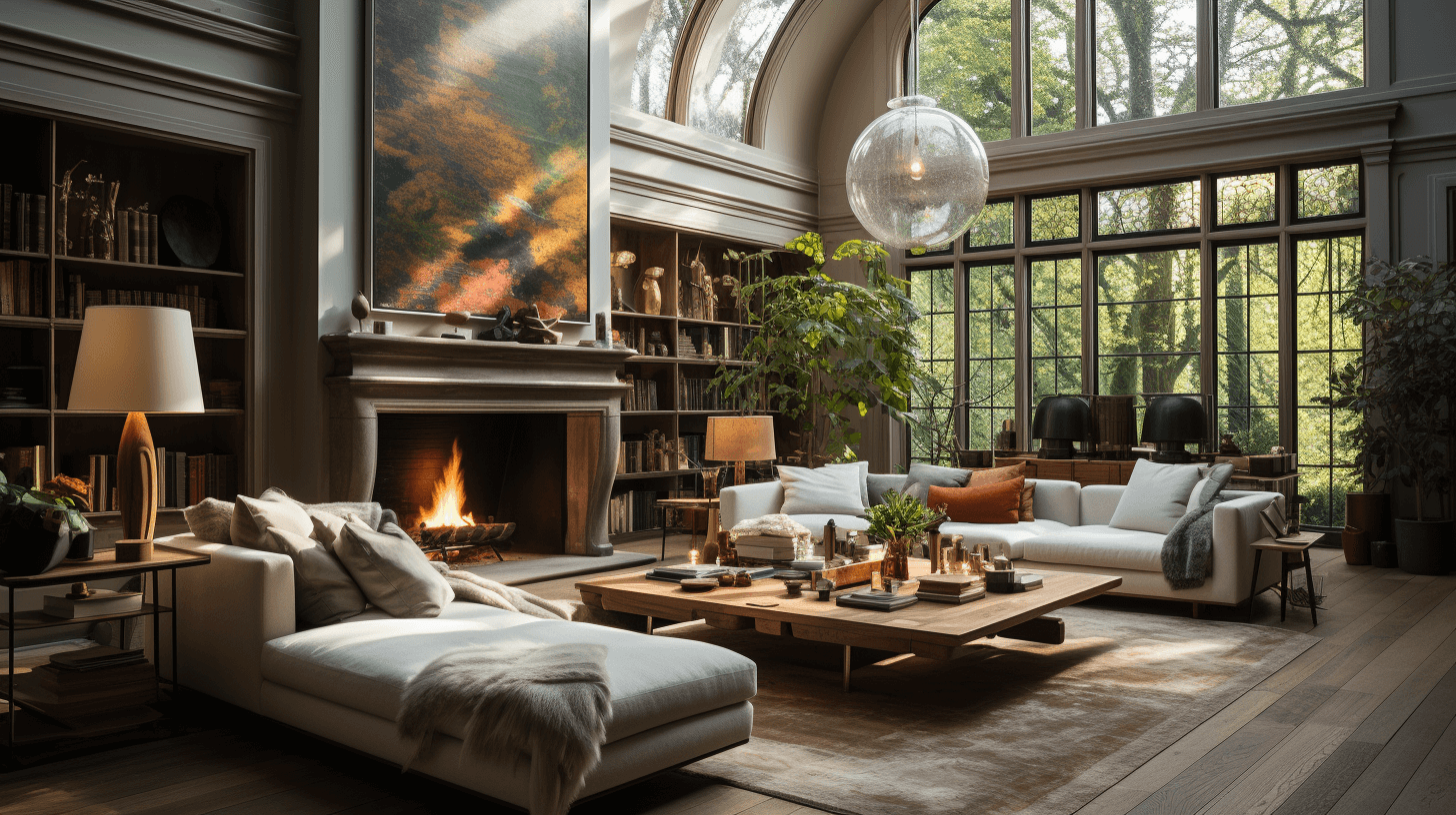 Modern living room decorated with indoor plants.